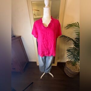 M Made In Italy Vibrant Pink V-Neck Ruffle  Blouse